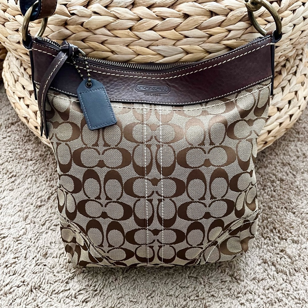 COACH canvas monogram Y2K genuine leather trim shoulder bag